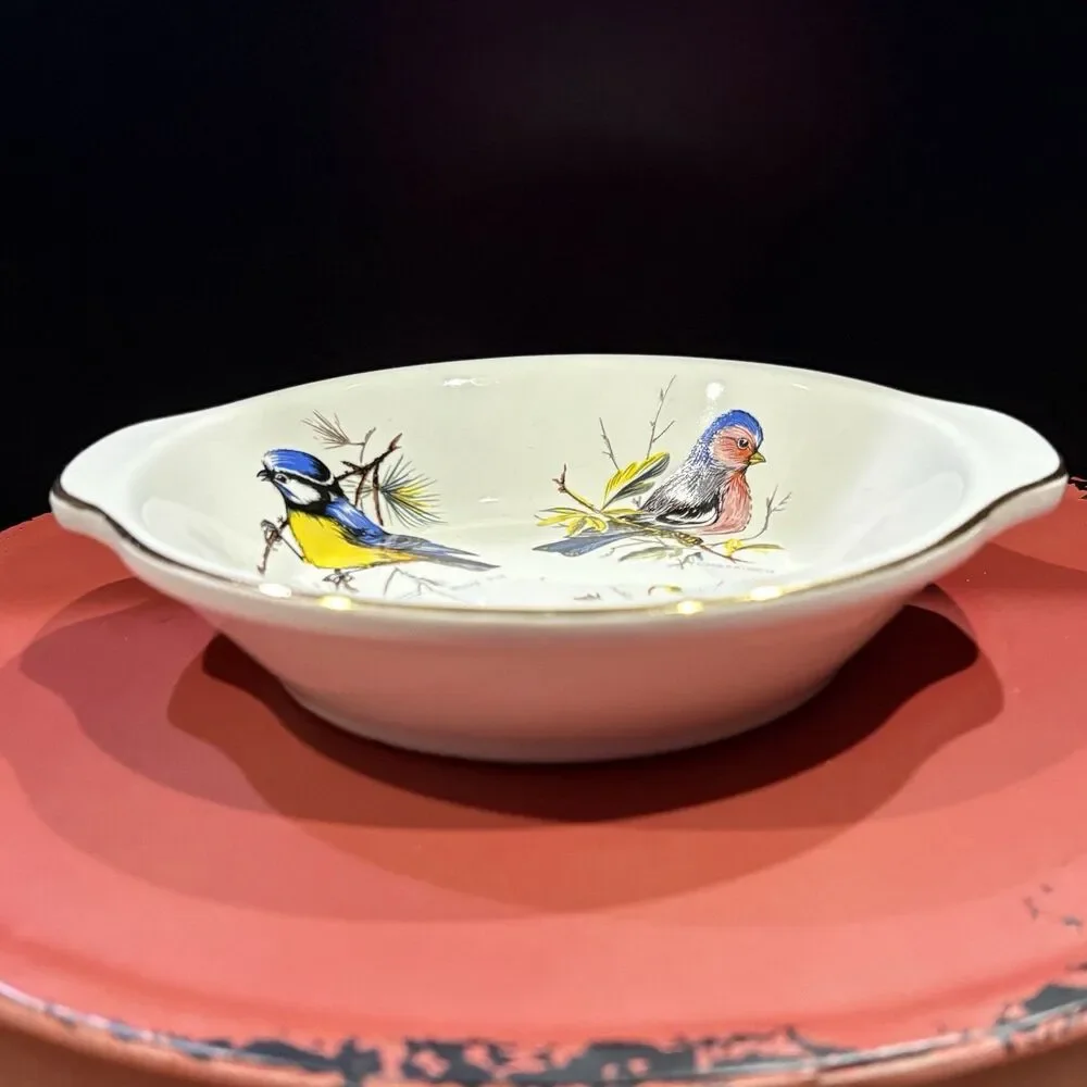 Porcelain Bird Serving Bowl Gold Trim Songbird Blue Tit Chaffinch Crested Tit